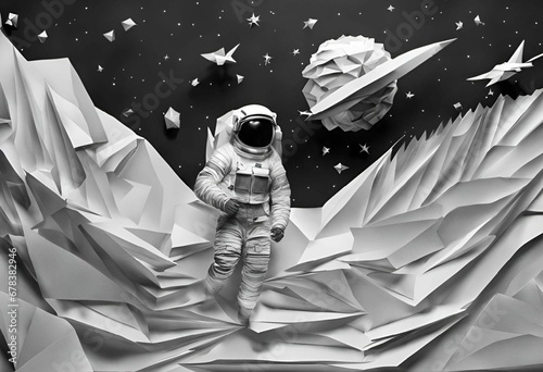 an astronaut floating down in the clouds with paper origami photo