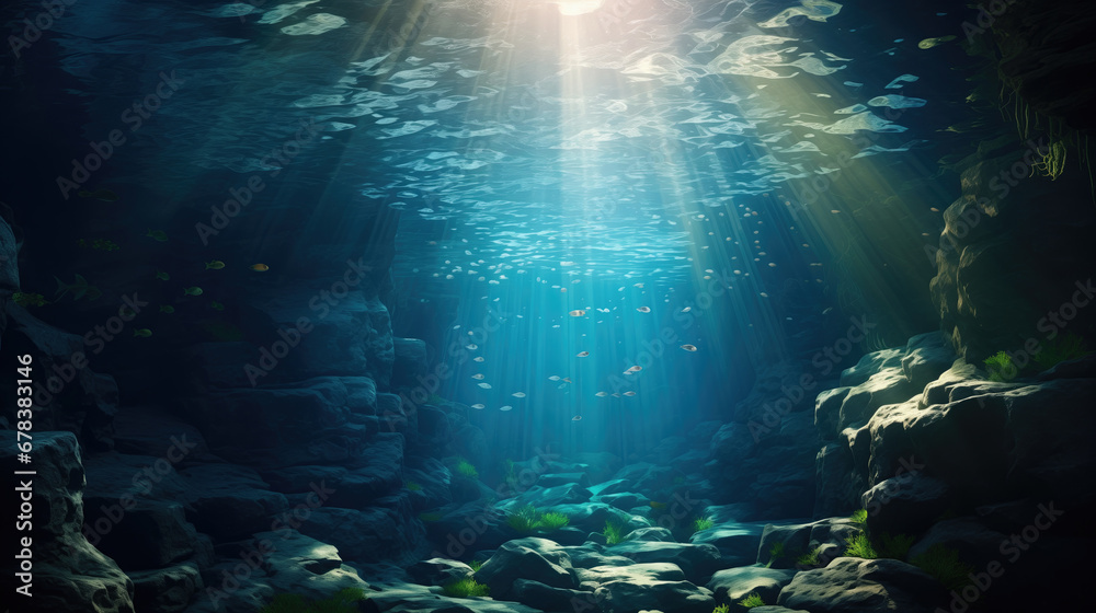 Beautiful underwater scene with sun rays shining from the surface and fish swimming between the rocks.