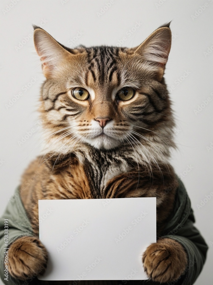 a homeless cat in a jacket holds an empty sign in its paws on white background