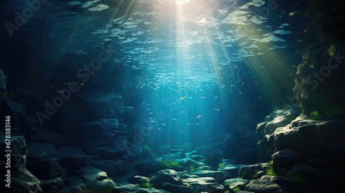 Beautiful underwater scene with sun rays shining from the surface and fish swimming between the rocks.