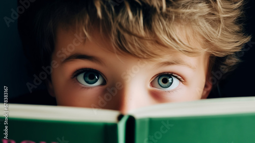 Cute kindergarten boy peeping from behind an open book. Reading learning homeschooling home education illiteracy campaign banner photo