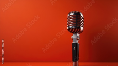 Close-up of a vintage microphone over a red background