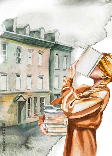 Young girl reads a book in frot of a street. Watercolor hand painted woman reading a book. Book lover concept. Book reader design. Bookworm illustration. photo