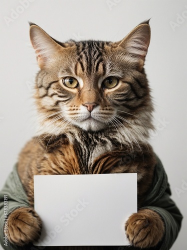 a homeless cat in a jacket holds an empty sign in its paws on white background