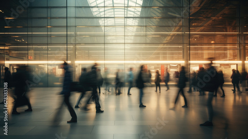 Long exposure view of blurred people in motion walking inside a big train or metro station building with glass windows. Routine and daily life representation.