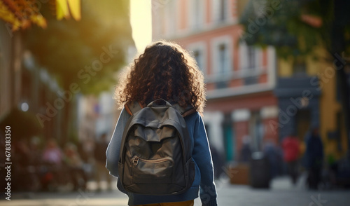 Back View of Girl with School Bag, Backpack Going Home From School Alone in City, Street. Student with Curly Hair Wears Denim. Education, Adolescence. Horizontal Plane. AI Generated 