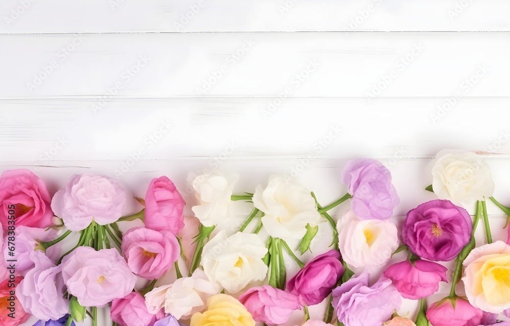 colorful Eustoma flowers on white wooden table soft light colorful Eustoma flowers on white wooden table soft light
