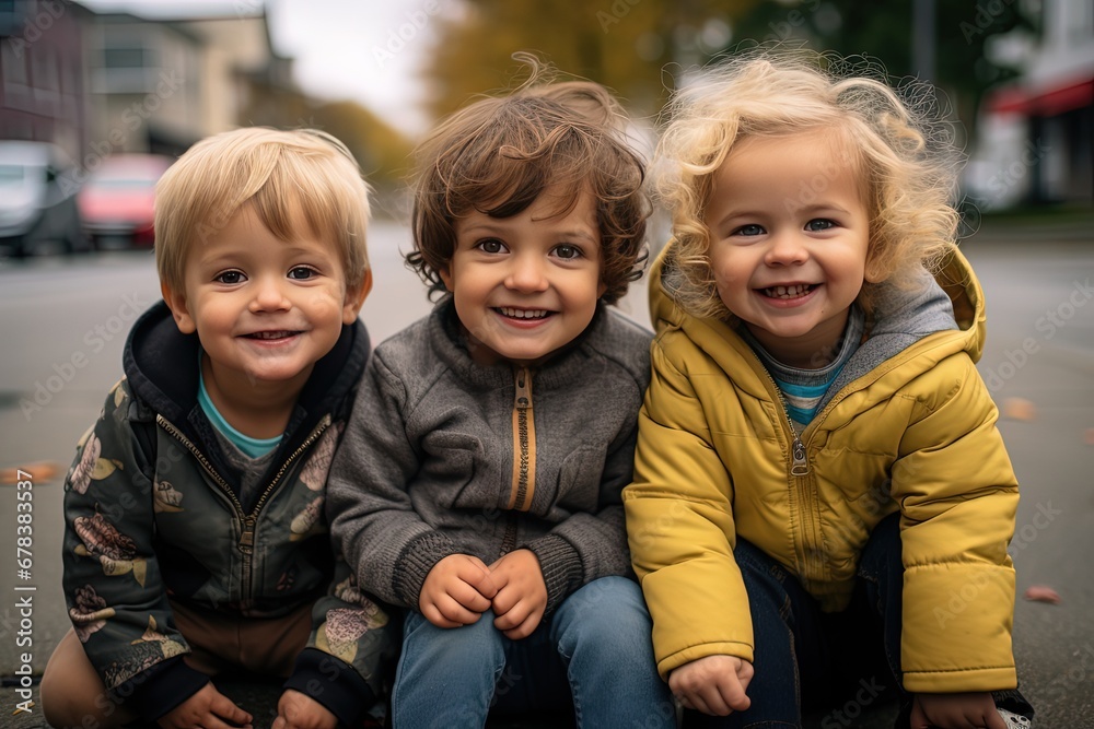 Fototapeta premium happy three kids wearing winter or autumn outfit wool cap and jacket smiling with happiness walking together on street town, childhood friend, 