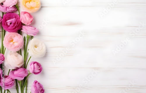 colorful Eustoma flowers on white wooden table soft light © Oleksiy