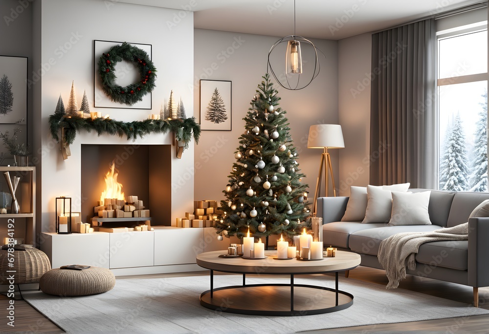 Modern living room Christmas design. Christmas living room. Cozy and Warm Christmas Feeling. Christmas Fireplace. Christmas Interior. Generative AI.	