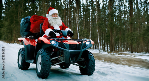 ATV with santa claus, gift boxes in rucksack. Santa Riding An quad bike. Santa Claus on sport racing vehicle wearing red classic costume. Man dressed as Santa Claus riding on nord pole. Generative ai