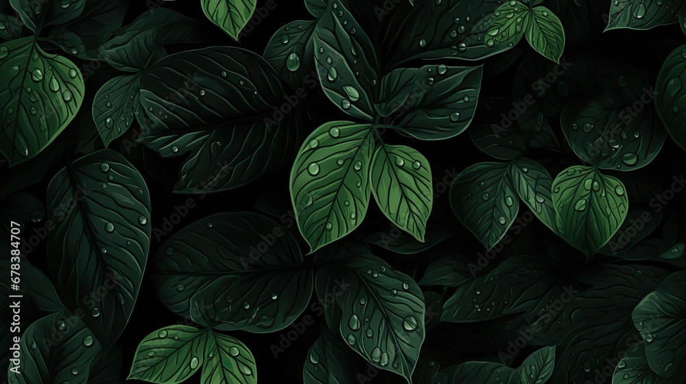 green leaves adorned with water drops against a dramatic black background, highlights the freshness of nature in a unique and versatile composition.