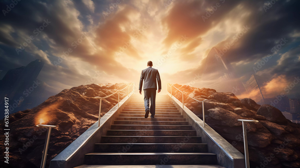 Ambitious businessman climbing the stairs to success - obrazy, fototapety, plakaty 