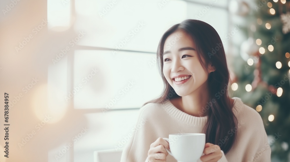 Portrait of beautiful young asians woman drinking coffee over Christmas decoration Portrait of beautiful young asians woman drinking coffee over Christmas decoration