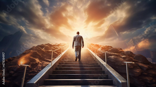 Ambitious businessman climbing the stairs to success photo