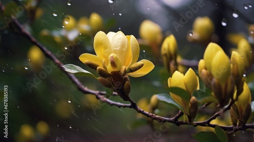 Beautiful yellow magnolia flowers with raindrops in the background. Springtime Concept. Valentine s Day Concept with a Copy Space. Mother s Day.