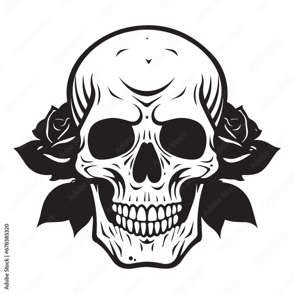 rose and skull tattoo with vector image, print ready, drawing decorated with roses, eps rose and skull tattoo with vector image, print ready, drawing decorated with roses, eps