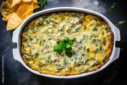 Artichoke spinach dip in a baking dish