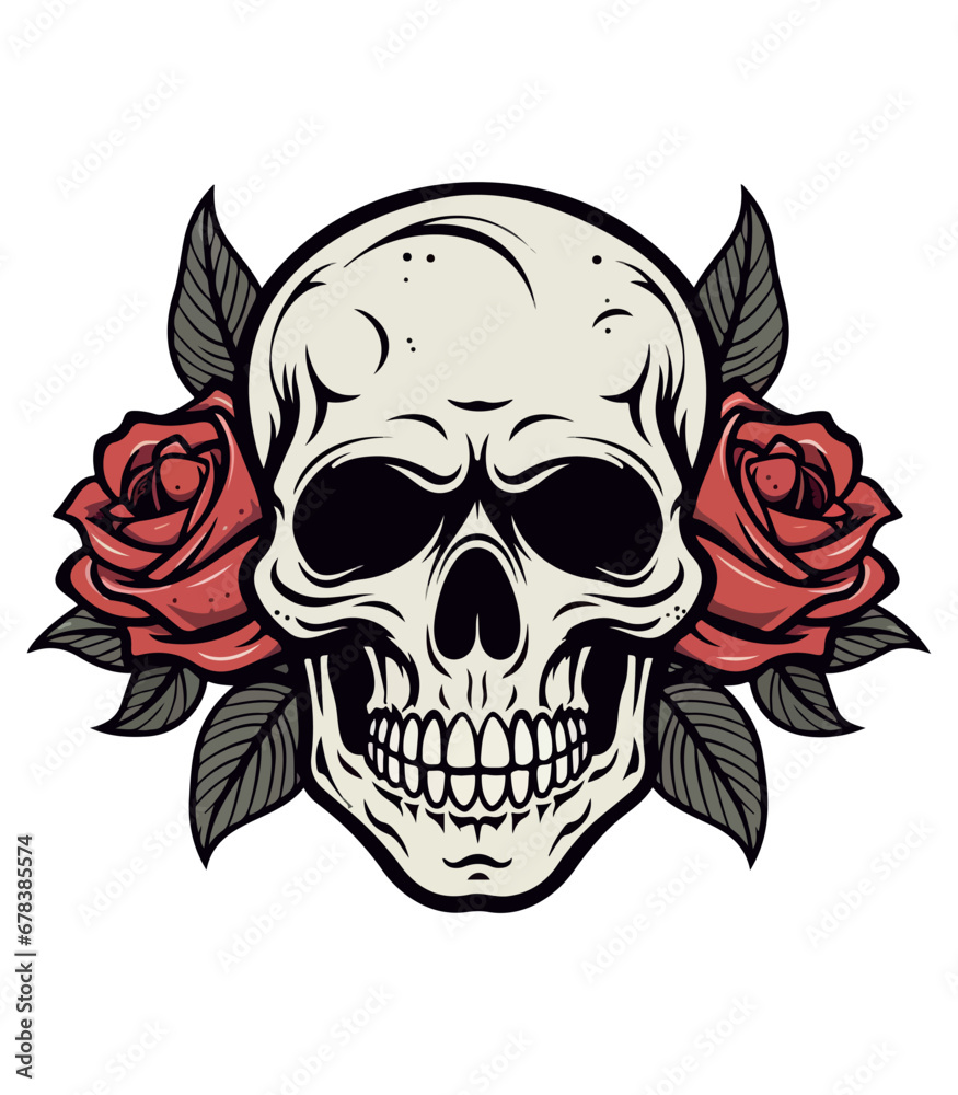 Skull vector design decorated with red roses, for tattoo, print ready, editable, cricut, cut file, clip art