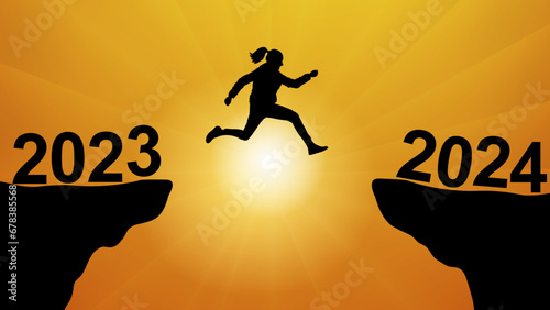 Silhouette of jumping woman over chasm between mountains. Transition from 2023 to 2024, new year. Vector illustration