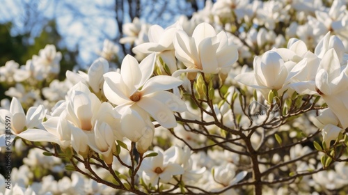 Beautiful white magnolia flowers blooming on tree in spring time. Springtime Concept. Valentine's Day Concept with a Copy Space. Mother's Day.