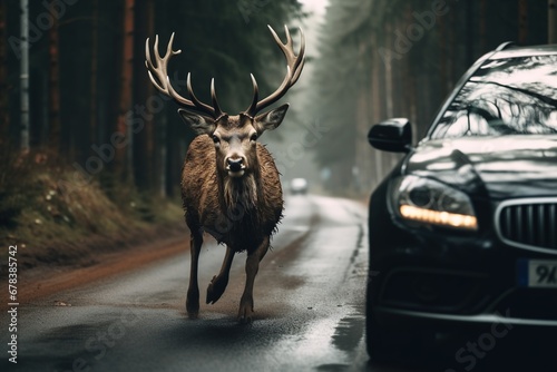 Deer running in front of moving car. © Bargais