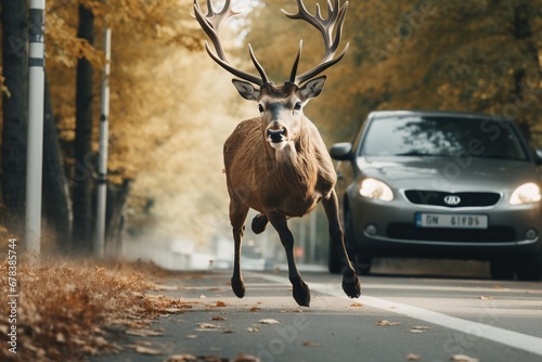 Deer running in front of moving car.