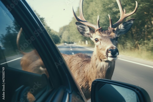 Deer running in front of moving car.