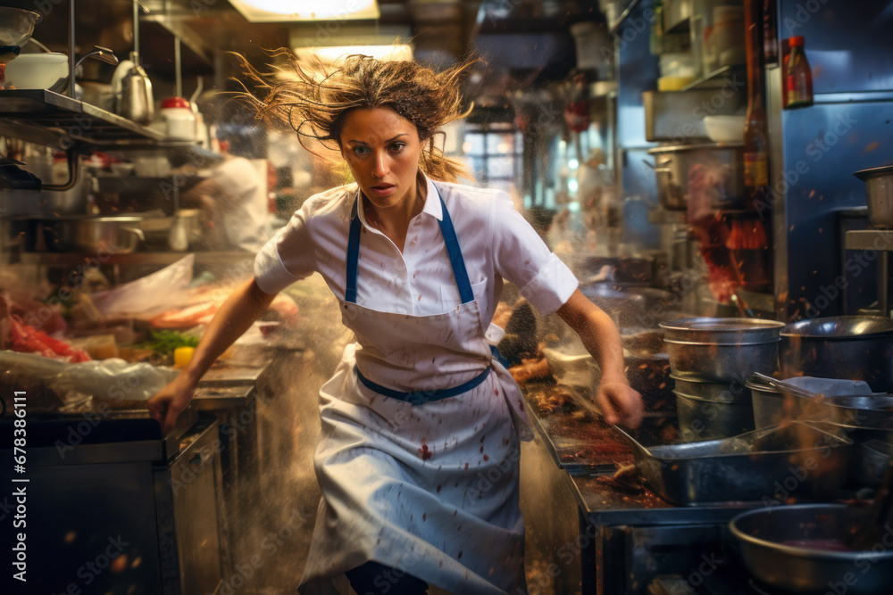 A female chef in a bustling kitchen.