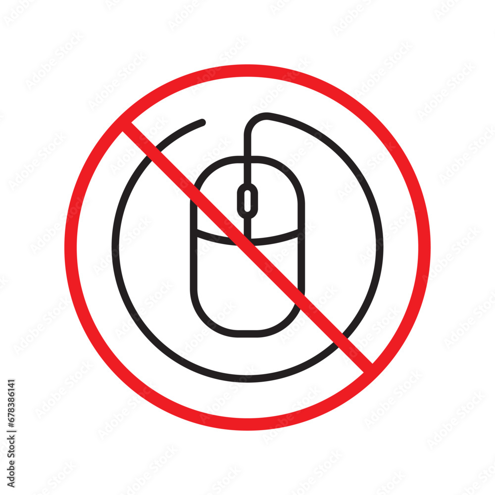 Forbidden computer mouse icon. No mouse device vector icon. No computer cursor pictogram. Prohibited computer mouse vector icon. Warning, danger, caution, attention, restriction. UX UI Forbidden computer mouse icon. No mouse device vector icon. No computer cursor pictogram. Prohibited computer mouse vector icon. Warning, danger, caution, attention, restriction. UX UI