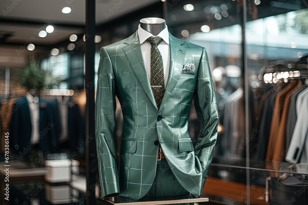 A Classic Suit in green checkered color in a Clothing Store.