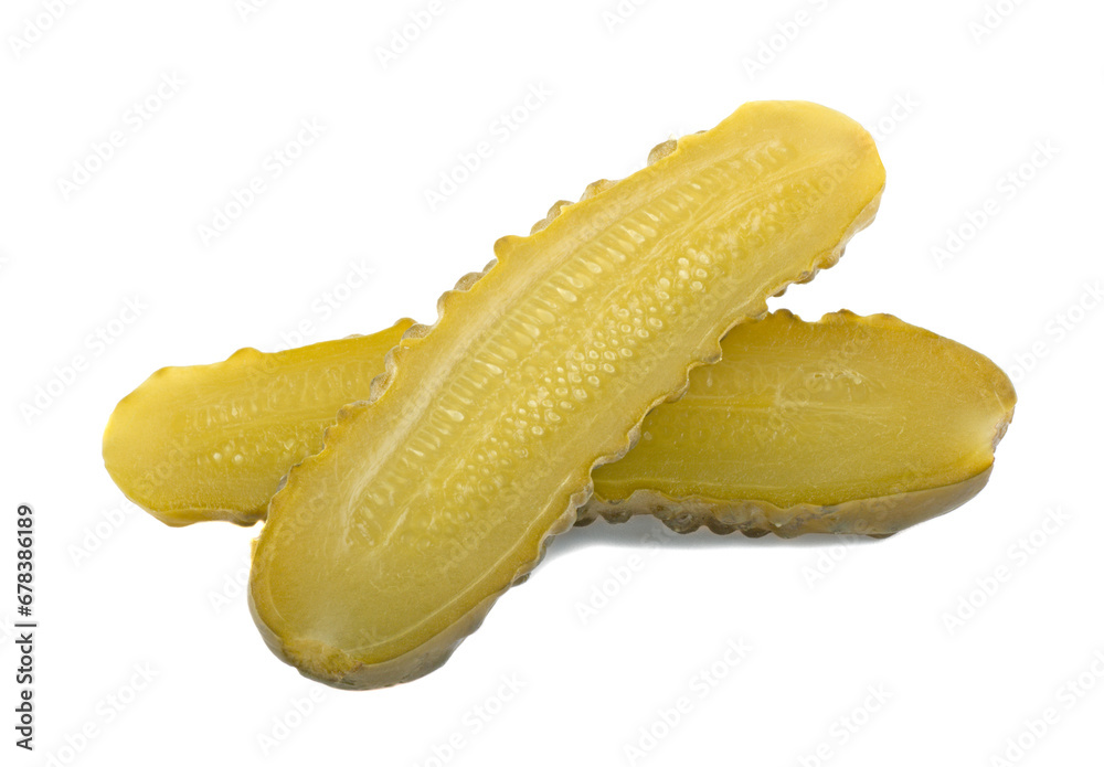 Marinated pickled cucumber isolated on white background with full depth of field. Top view. Flat lay Marinated pickled cucumber isolated on white background with full depth of field. Top view. Flat lay