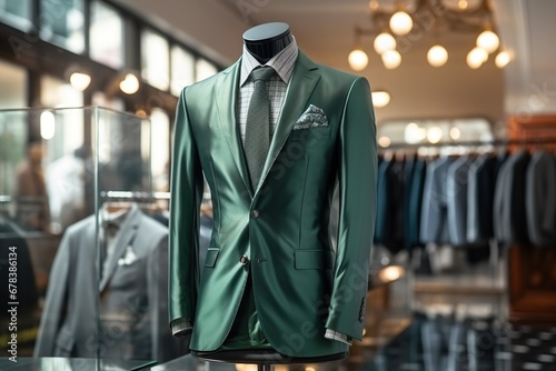 A Classic Suit in green checkered color in a Clothing Store.