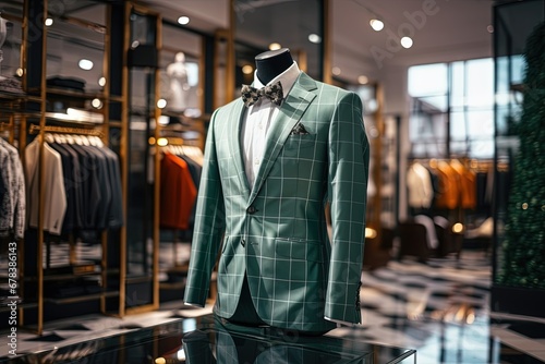 A Classic Suit in green checkered color in a Clothing Store.