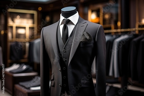 A Classic Suit in black color in a Clothing Store.