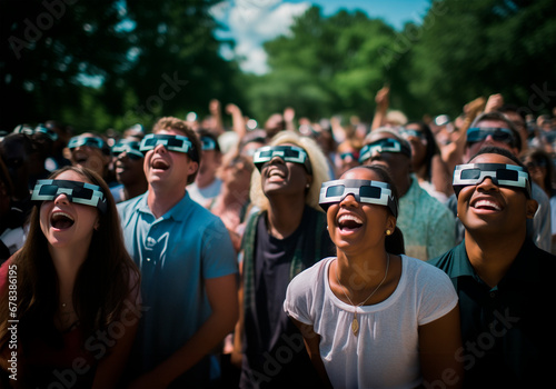 group of people in the park watching solar eclipse through safe solar viewing glasses photo