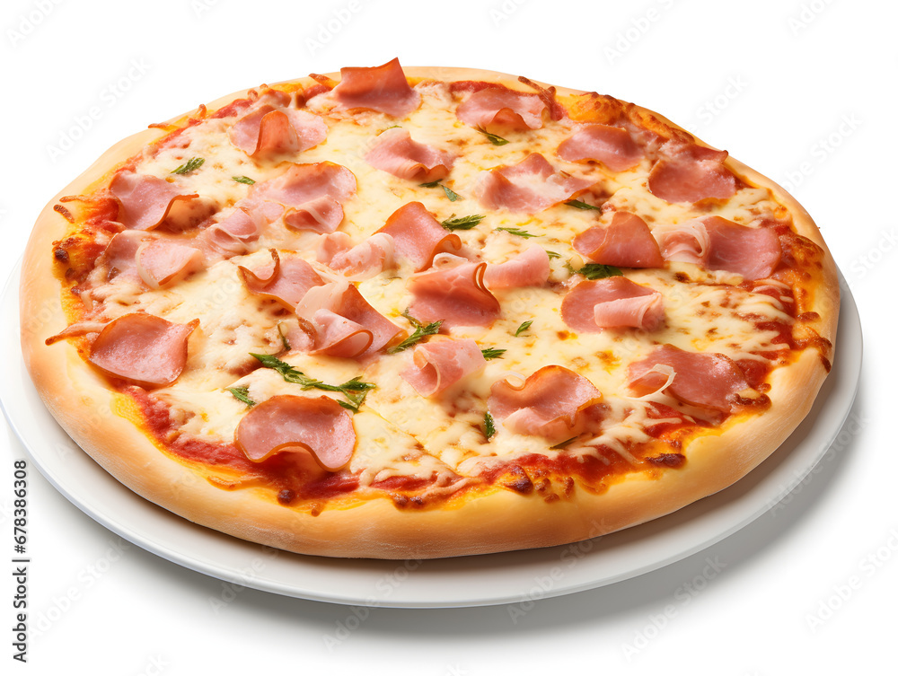 Delicious ham pizza with cheese isolated on white background 