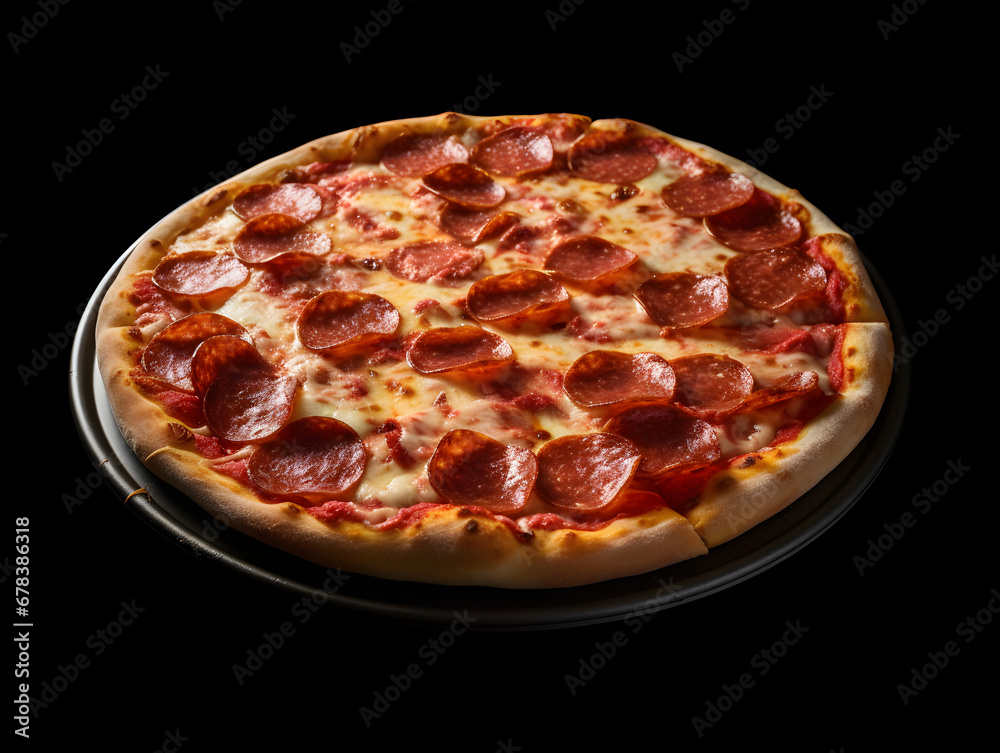 Close up of of pepperoni pizza, isolated on black background Close up of of pepperoni pizza, isolated on black background