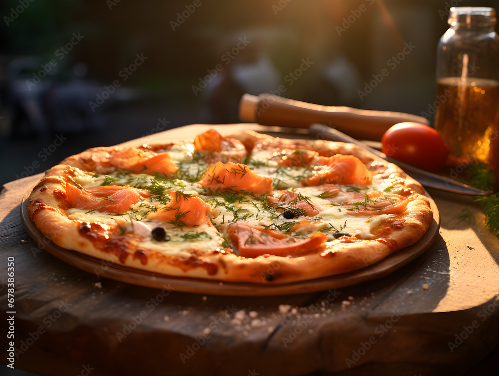 Delicious pizza with smoked salmon and fresh dill on wooden plate, blurred background 