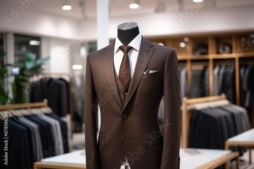 A Classic Suit in dark brown color in a Clothing Store.