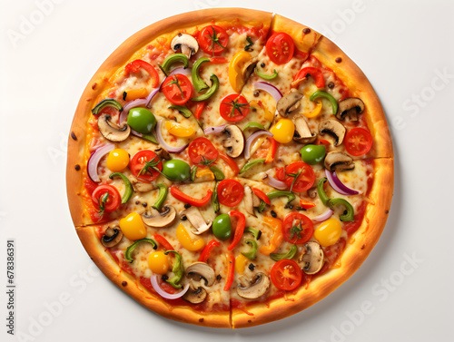 Top view of a vegetarian pizza with vegetables isolated on white background 