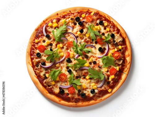 Top view of a vegetarian pizza with vegetables isolated on white background 