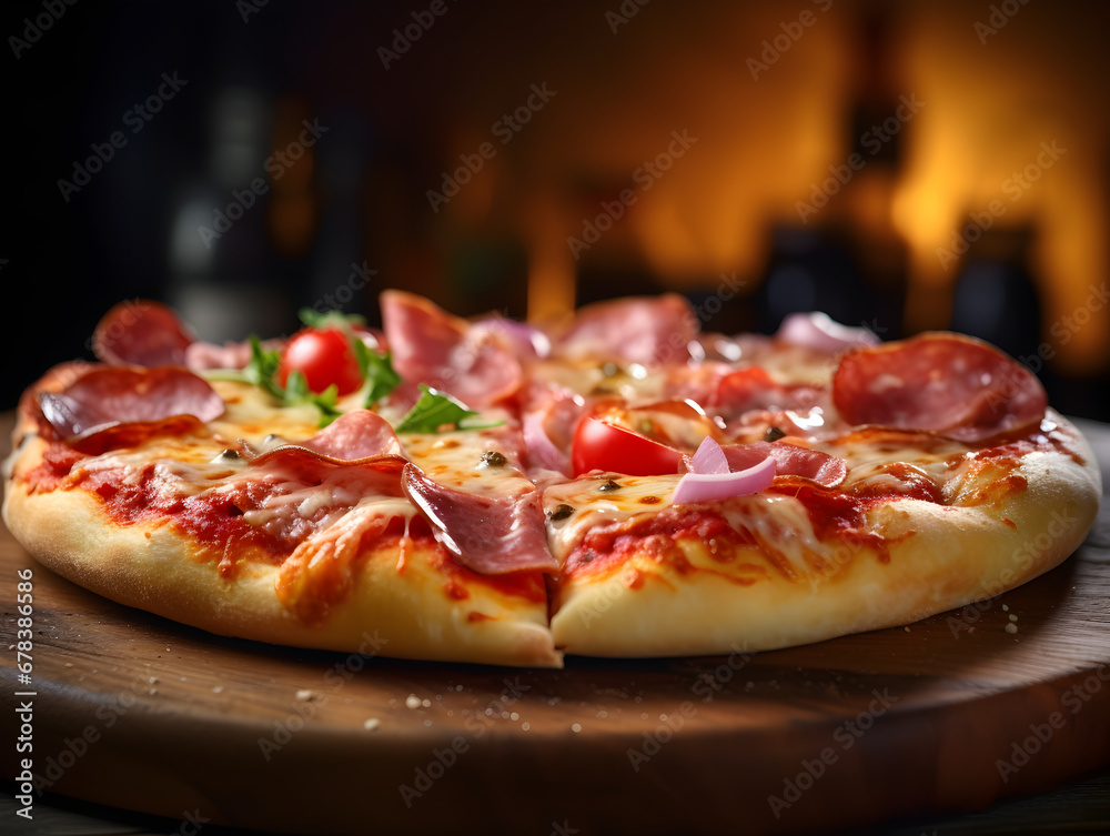 Close up of a fresh baked ham pizza, blurry background Close up of a fresh baked ham pizza, blurry background