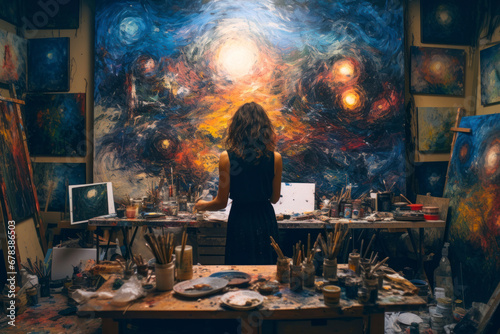 A woman artist in her studio  surrounded by canvases and art supplies.