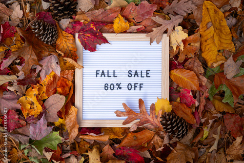 Fall Sale 60% Off Letter Message Board Promotional Message In Frame Pile of Colorful Autumn Leaves