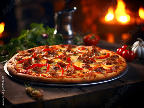 Close up of delicious pizza with ground beef on wooden table, blurry background 