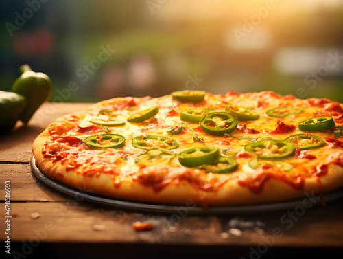 Fresh baked pizza with green jalapeños on wooden table, blurry background 