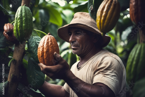 Cocoa picker, man working in jungle, holding cacao fruit in his hand. Generative AI photo