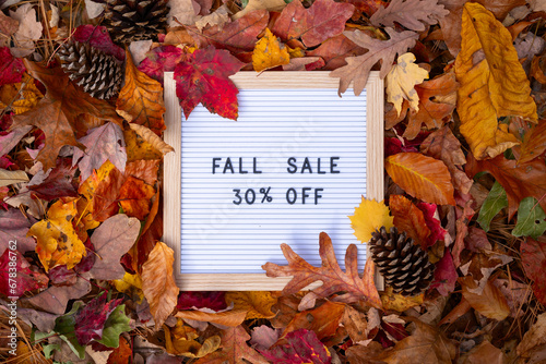 Fall Sale 30 Off% Letter Message Board Promotional Message In Frame Pile of Colorful Autumn Leaves