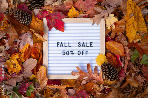 Fall Sale 50% Off Letter Message Board Promotional Message In Frame Pile of Colorful Autumn Leaves